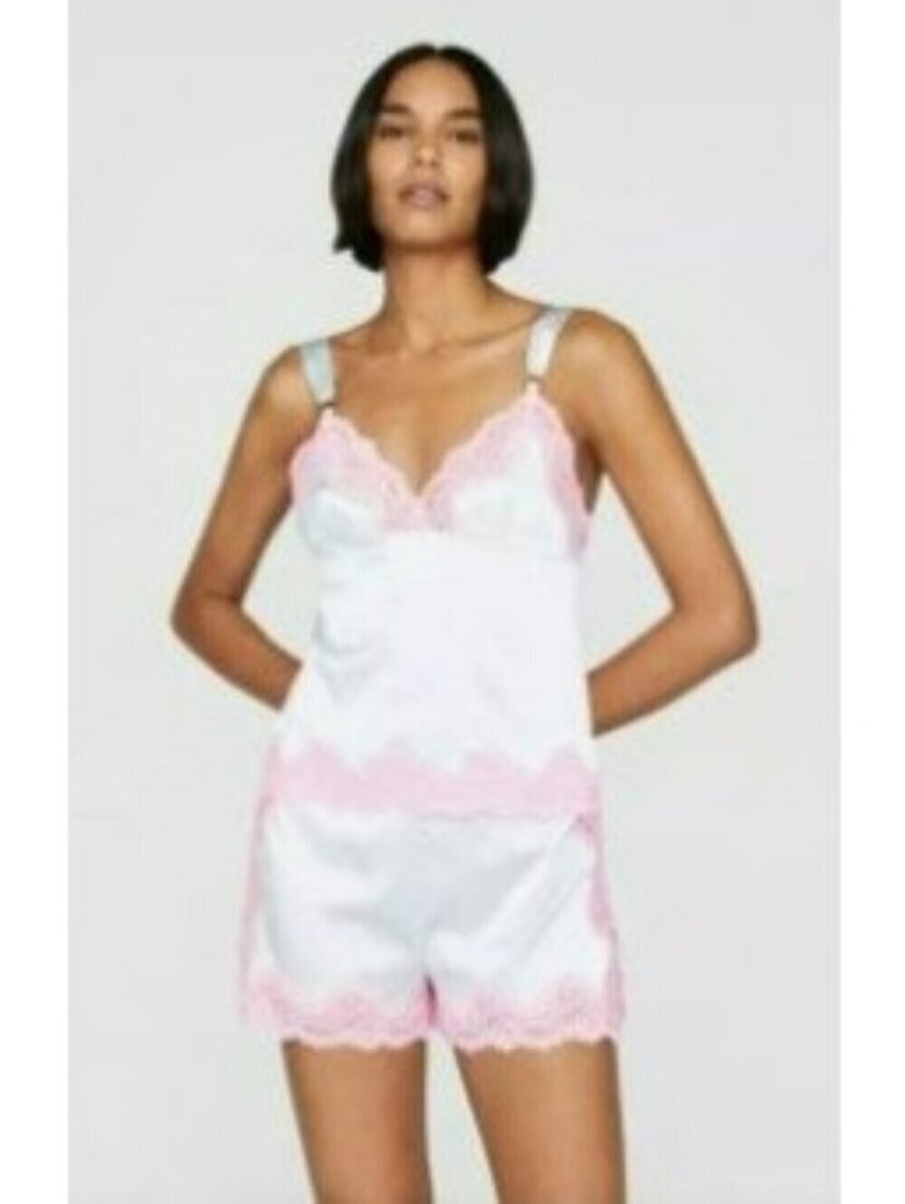 BNWT Stella McCartney Blue Silk Camisole With Pink Lace and adjust. strap Sz L